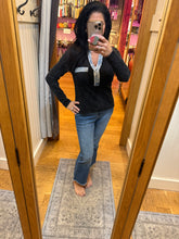 Denim Mixed Henley Top - Washed Black