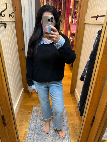 Vintage Havana Black W/ Denim Collar/ Cuff Cropped Sweater