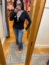 Denim Mixed Henley Top - Washed Black