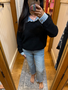 Vintage Havana Black W/ Denim Collar/ Cuff Cropped Sweater
