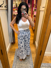 Angled Hem Elastic Waistband Maxi Skirt - White-Blue