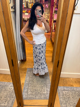Angled Hem Elastic Waistband Maxi Skirt - White-Blue