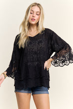 Bell Sleeves Lace Blouse Scallop Edge - Black, Grey or Khaki