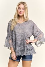 Bell Sleeves Lace Blouse Scallop Edge - Black, Grey or Khaki