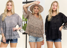 Bell Sleeves Lace Blouse Scallop Edge - Black, Grey or Khaki