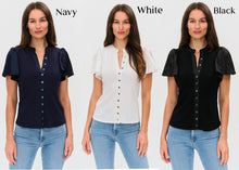 SIXFIFTY MAREN | RIBBED BUTTON DOWN FLUTTER SLEEVE - BLACK, NAVY OR WHITE