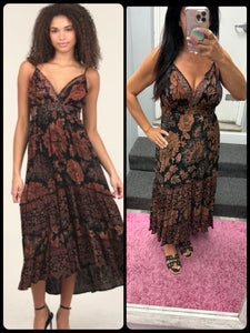 V Neck Printed Maxi Dress - Black