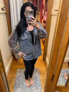 Mineral wash Striped Hoodie Sleeves Shacket - Charcoal