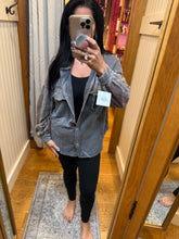 Mineral wash Striped Hoodie Sleeves Shacket - Charcoal