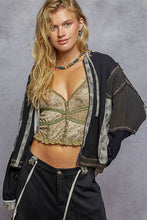 Pol hoodie, balloon sleeve, oversized fit top in thermal and printed fabric mixes with overlock stitch detail pointed solid pattern - Black