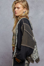 Pol hoodie, balloon sleeve, oversized fit top in thermal and printed fabric mixes with overlock stitch detail pointed solid pattern - Black