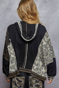 POL Camo print hooded jacket in quilted knit with drawstring - Olive/Charcoal
