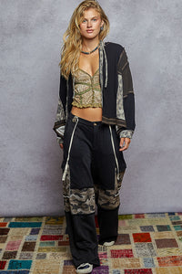POL Camo print hooded jacket in quilted knit with drawstring - Olive/Charcoal