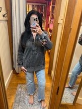 Half Zipper Up Hoodie Knitted Sleeve Fall Top - Washed Black or Snow