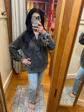 Half Zipper Up Hoodie Knitted Sleeve Fall Top - Washed Black or Snow