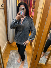 Half Zipper Up Hoodie Knitted Sleeve Fall Top - Washed Black or Snow