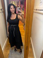 MIDI Dress with Rhinestone Tie Belt - Black