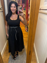 MIDI Dress with Rhinestone Tie Belt - Black
