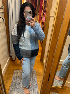 Color Blocked Cable Sweater - Soft Blue Mix