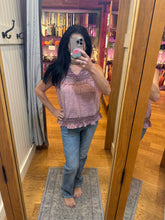 POL V neck flowy sleeveless fit top in cotton with trim detail, ruffle on hem, button closure on back and open back detail - Mauve