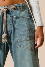 Braided Waist Belt Drip Paint Washed Denim Pants
