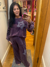 Mineral Washed Drawing A Flower Terry Pullover Top - Eggplant