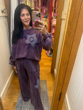Mineral Washed Drawing A Flower Terry Pullover Top - Eggplant