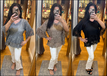 Bell Sleeves Lace Blouse Scallop Edge - Black, Grey or Khaki