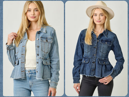 Mystree Washed Denim Peplum Jacket - Dark Denim or Denim