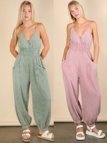 Mineral Washed Cotton Gauze Casual Jumpsuit - Mauve or Sage