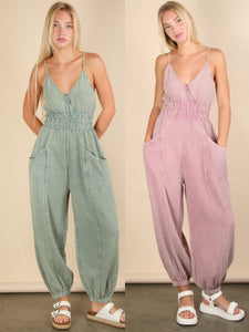 Mineral Washed Cotton Gauze Casual Jumpsuit - Mauve or Sage