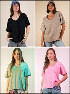 Mineral Washed V-neck Knit Top - Assorted Colors