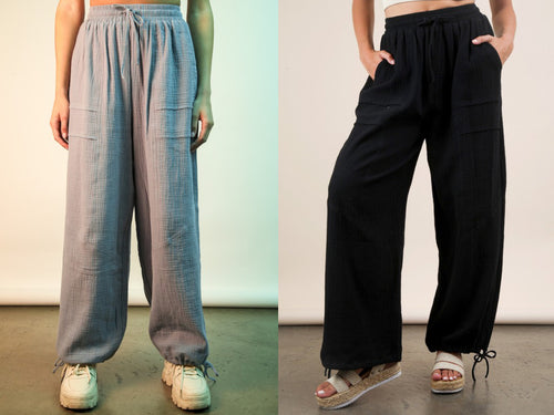 Wide Leg Gauze Solid Pants - Black or Denim