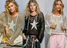 POL long sleeve regular fit hoodie thin sweater top in acrylic with star patch, pearl stud point, see through square weave, hood loop point, rib band detail, solid color - Ivory, Olive or Paradise Mint