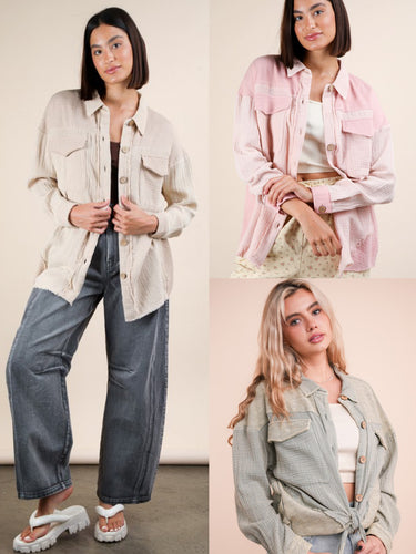 Mineral Washed Oversized Gauze Shacket Jacket - Assorted Colors
