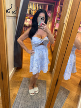 BLUE CARDS PRINT COTTON STRAPLESS MINI DRESS