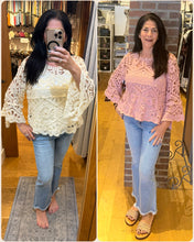 POL round neck 3/4 sleeve cropped fit top in crochet - Cream or Rose Pink