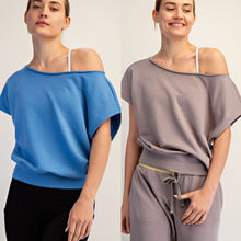 French Terry Off Shoulder Top - Aqua Splash or Stone Taupe