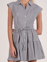 Elan Cap Sleeve Tiered Belt Dress - Dark Navy Stripe