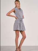 Elan Cap Sleeve Tiered Belt Dress - Dark Navy Stripe