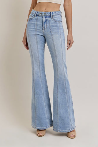 HIDDEN LIGHT WASH MOTO SEAMED STRETCH 33 IN INSEAM FLARE