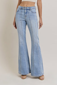 HIDDEN LIGHT WASH MOTO SEAMED STRETCH 33 IN INSEAM FLARE