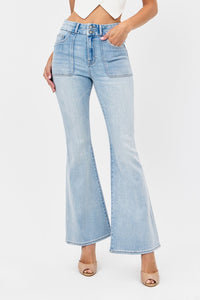 HIDDEN Light Wash Double Waistband Utility Pocket Flare