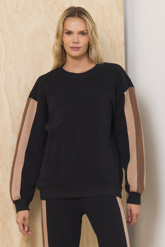 Vintage Havana Black W/ Neutrals Burnout Fleece Color Block Crew