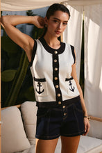 Contrast Anchor Sleeveless Knit Top - Ivory/Navy