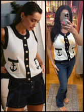 Contrast Anchor Sleeveless Knit Top - Ivory/Navy