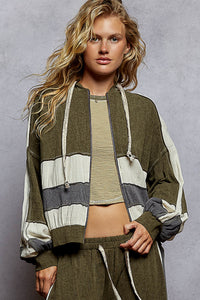 POL Balloon Sleeve Relaxed Fit Hoodie Zip Up Double Gauze Patch Jacket - Olive