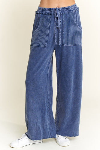 Mineral Wash Side Knit detail wide leg pants - Assorted Colors