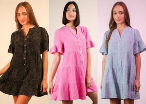 Mineral Washed Baby Bell Sleeve Woven Mini Dress - Assorted Colors