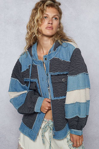POL Balloon Sleeve Denim Patch Hoodie - Charcoal Multi